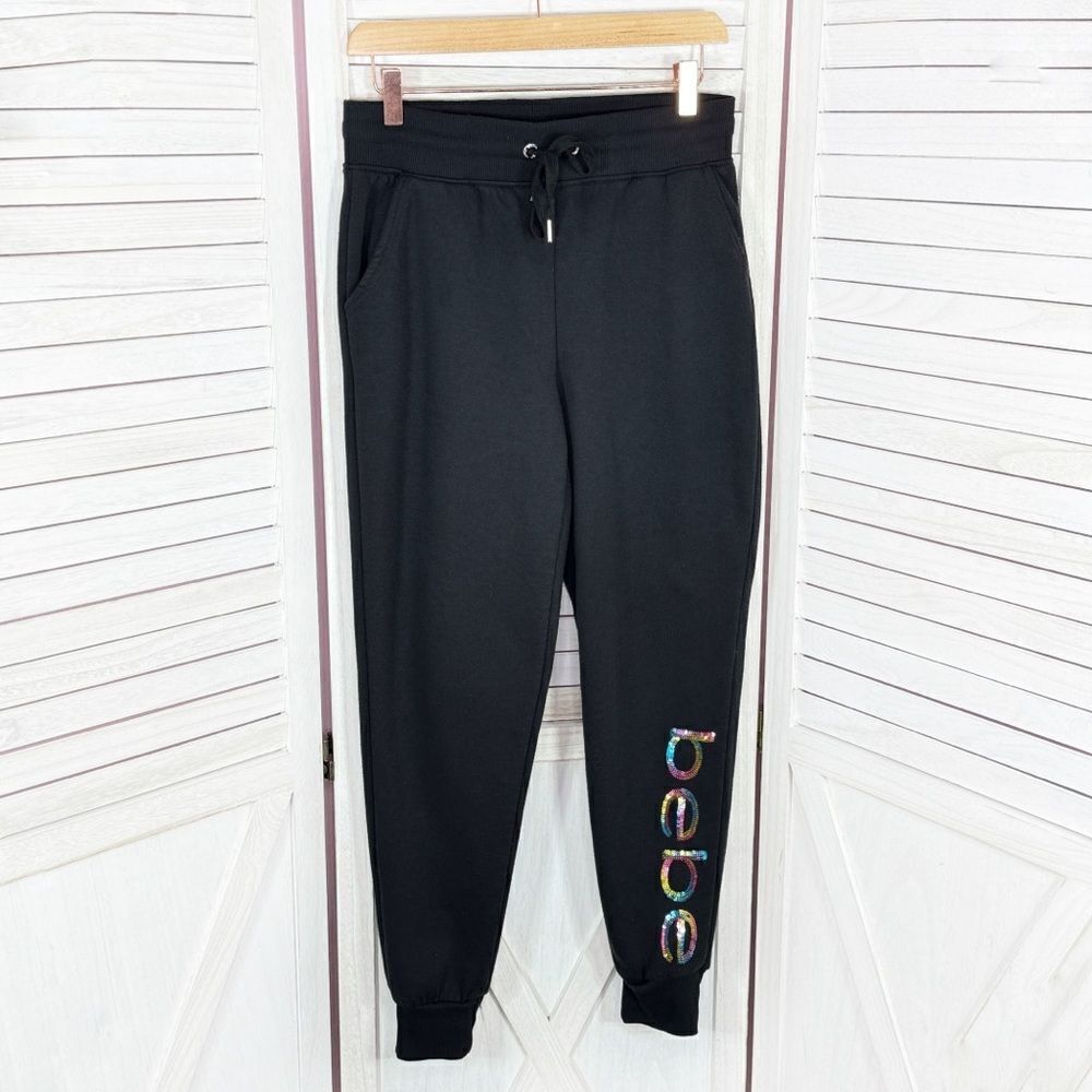 Bebe Sport Rainbow Sequin Logo Fleece Jogger‎ Pants Black Small